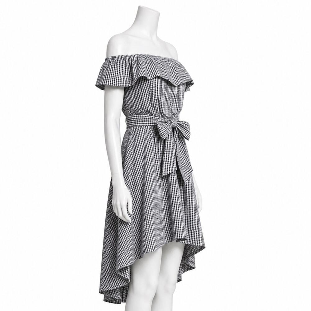 Saks Fifth Avenue Gingham Off-Shoulder Hi-Low Dress Tie Waist Black White M - Picture 4 of 9